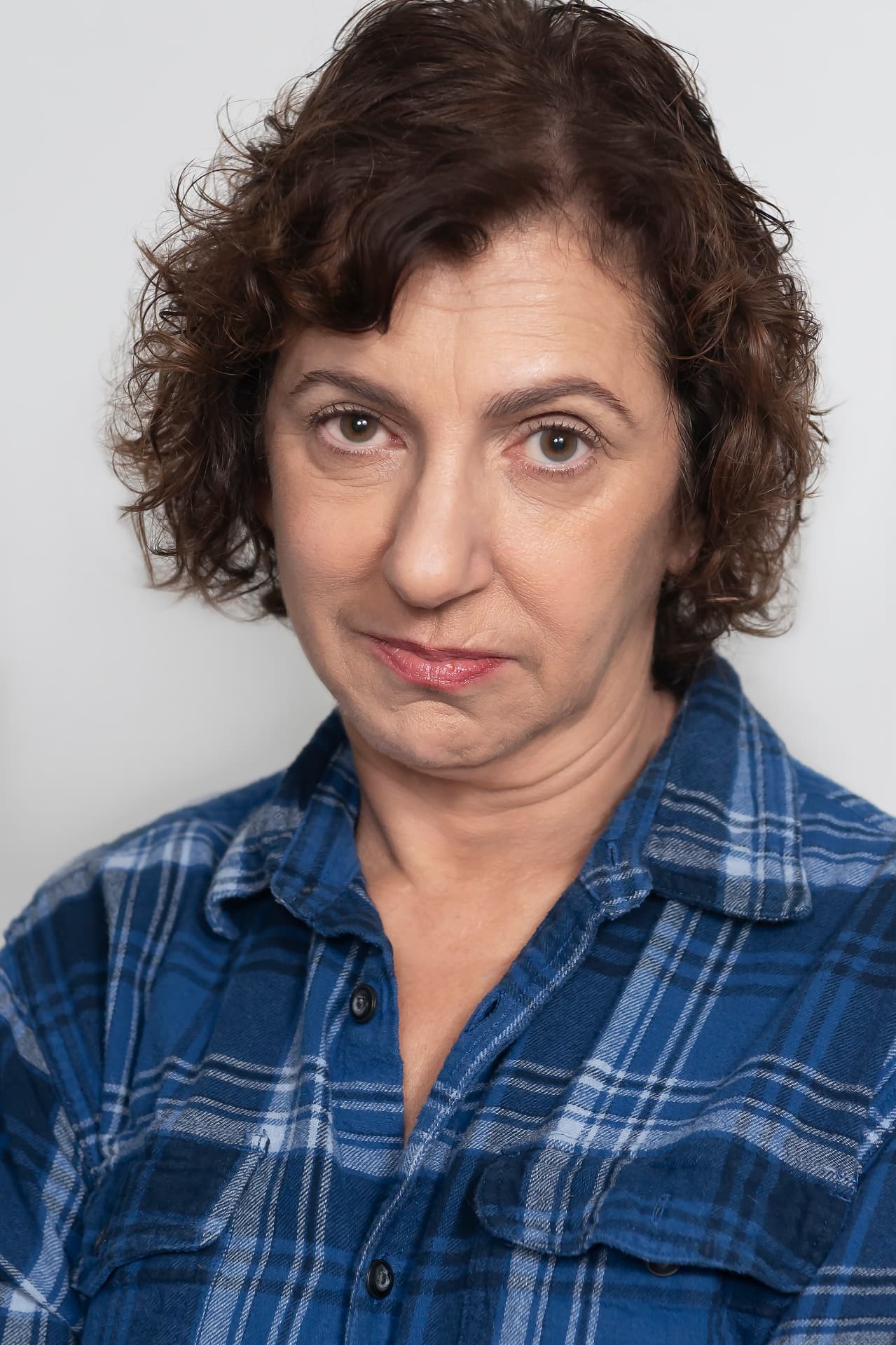 Nancy Levine headshot in a blue plaid shirt